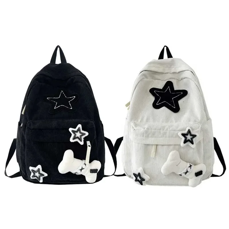 Y2K 걸스 스타 패턴 노트북 배낭 십대 학생 대용량 학교 Bookbag 코듀로이 배낭 더블 스트랩 숄더 백