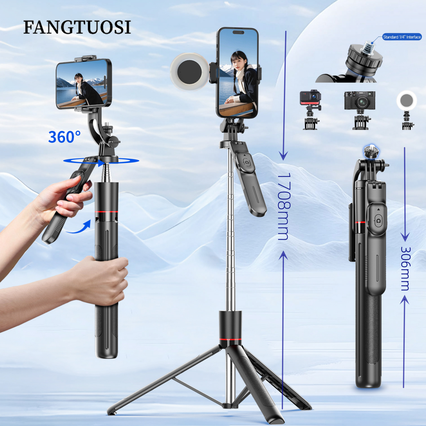 FANGTUOSI Новый 1,7 м беспроводной штатив для селфи, складная подставка для экшн-камер Gopro, смартфонов, балансиров, постоянной съемки вживую