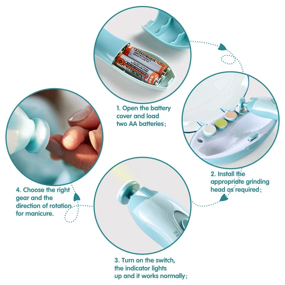 Cortador de unhas elétrico para bebês, luz led, aparador de unhas para bebês, conjunto de cuidados com o bebê, ajuste de velocidade de 4 velocidades com baixo ruído