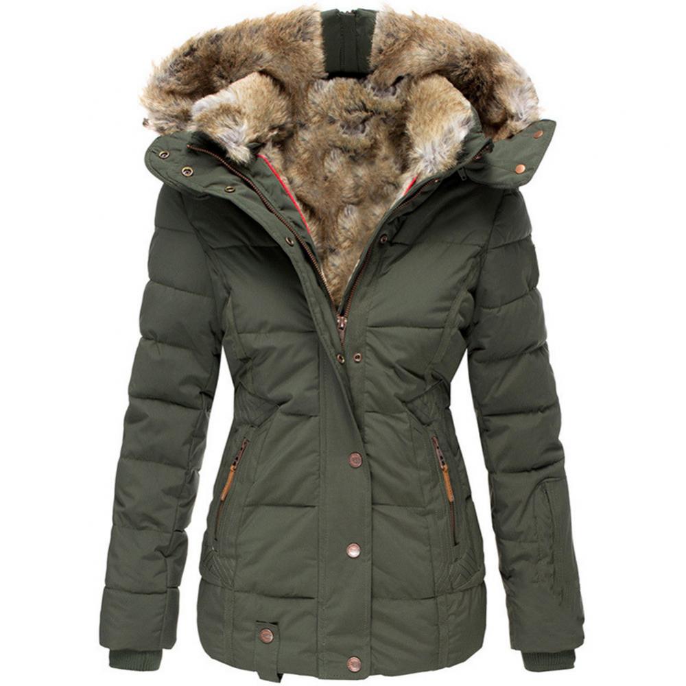 Abrigo de invierno con cuello de lana cálido para mujer, abrigo con capucha y cremallera de manga larga, chaqueta Parka informal de Color sólido a la moda