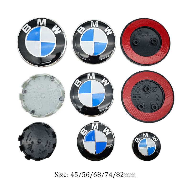 Blaues Auto-Logo, BMW 82 mm, vorderes Motorhauben-Emblem, 74 mm hinteres Kofferraum-Abzeichen, 45 mm Lenkrad-Aufkleber, 56 mm, 68 mm Radnabenkappen