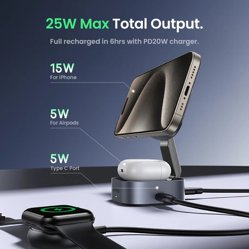 UGREEN Qi2 25W soporte de cargador inalámbrico magnético soporte de carga 2 en 1 para iPhone 15 16 Pro Max/AirPods para cargador rápido MagSafe