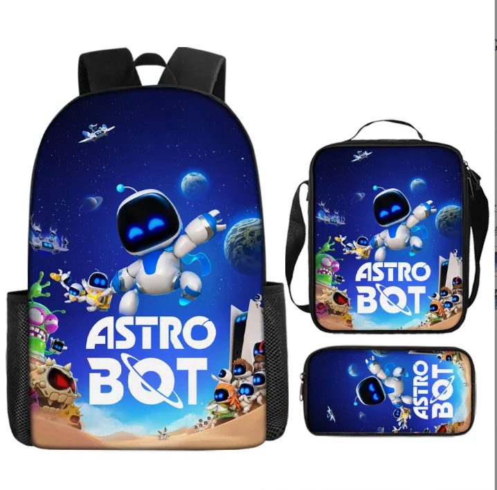 Juego de 3 piezas de mochila Astro Bot de 16 pulgadas, bonita mochila escolar de primaria con dibujos animados, mochila con estampado 3D + bolsa de almuerzo