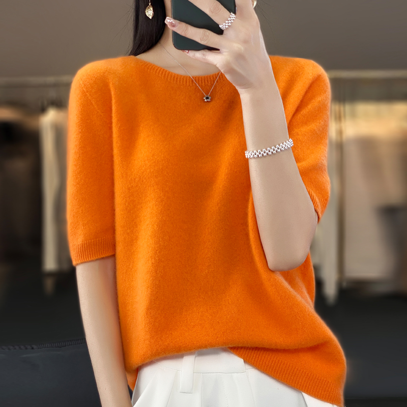 Suéter de cachemira de media manga corta para mujer, jersey de cuello redondo de lana merino pura 100% a la moda