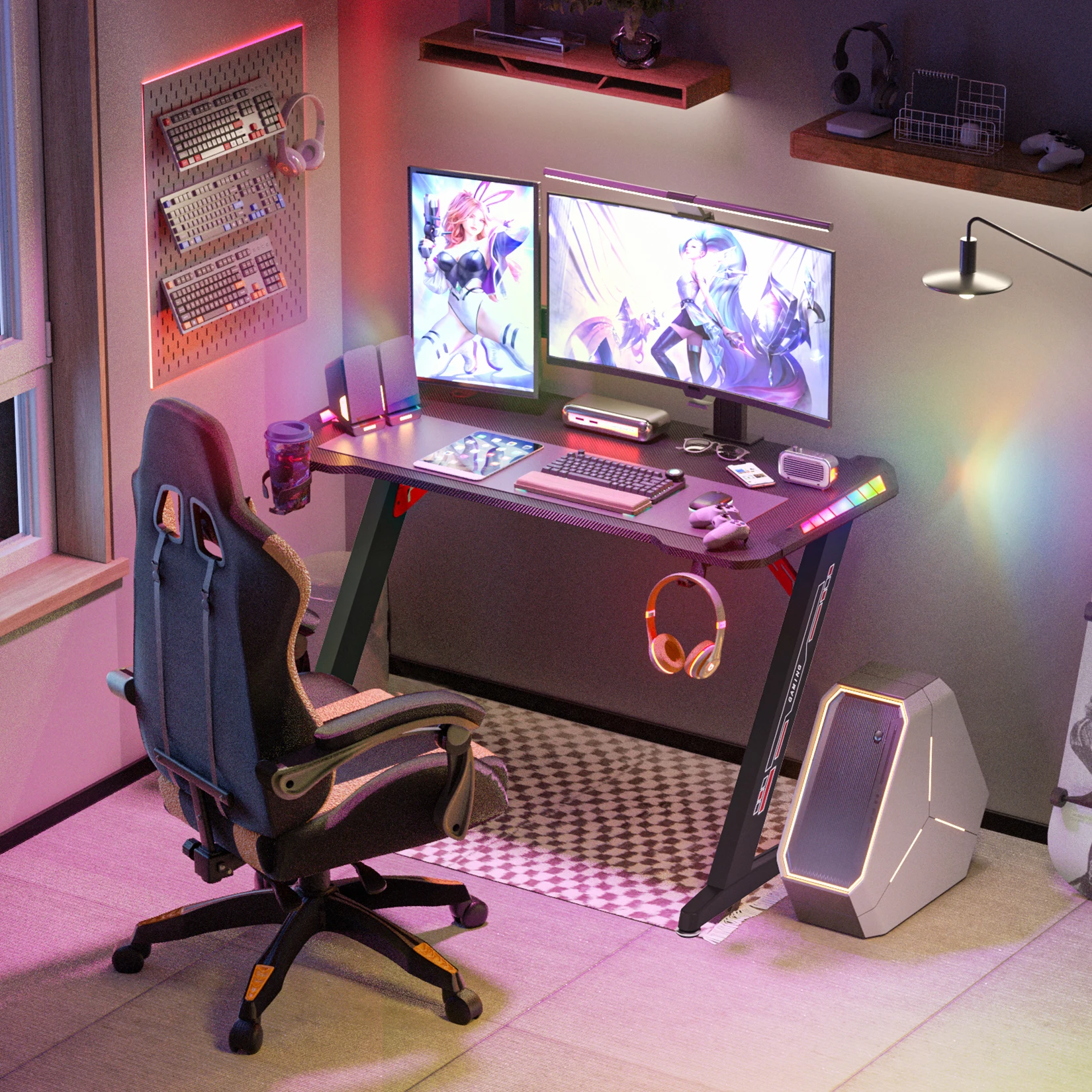 Scrivania da gioco per computer a forma di Z con luci LED RGB Tavolo da ufficio domestico X-Large 140 cm