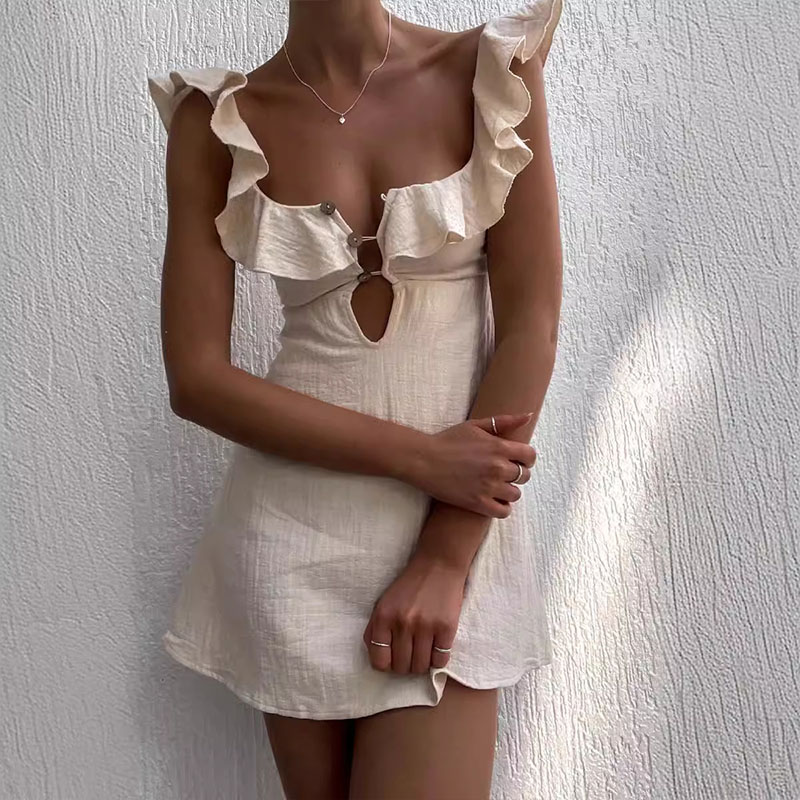 Sommer Aushöhlen Taste Rüschen Kurzes Kleid Sexy V-ausschnitt Ärmelloses Einfarbig Kleid Neue Urlaub Strand Baumwolle Leinen Mini Kleid