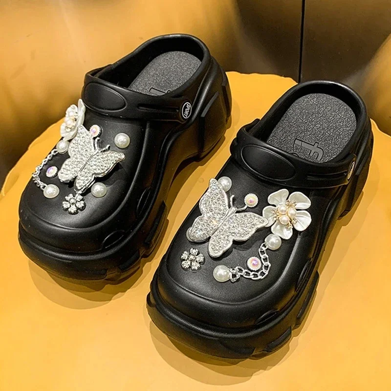 Bling ไข่มุกเพชรน่ารักหมีตกแต่ง Vented Clogs สไลด์ 7 ซม.แพลตฟอร์มรองเท้าแตะชายหาดกลางแจ้งสาวฤดูร้อนรองเท้าแตะผู้หญิงรองเท้า