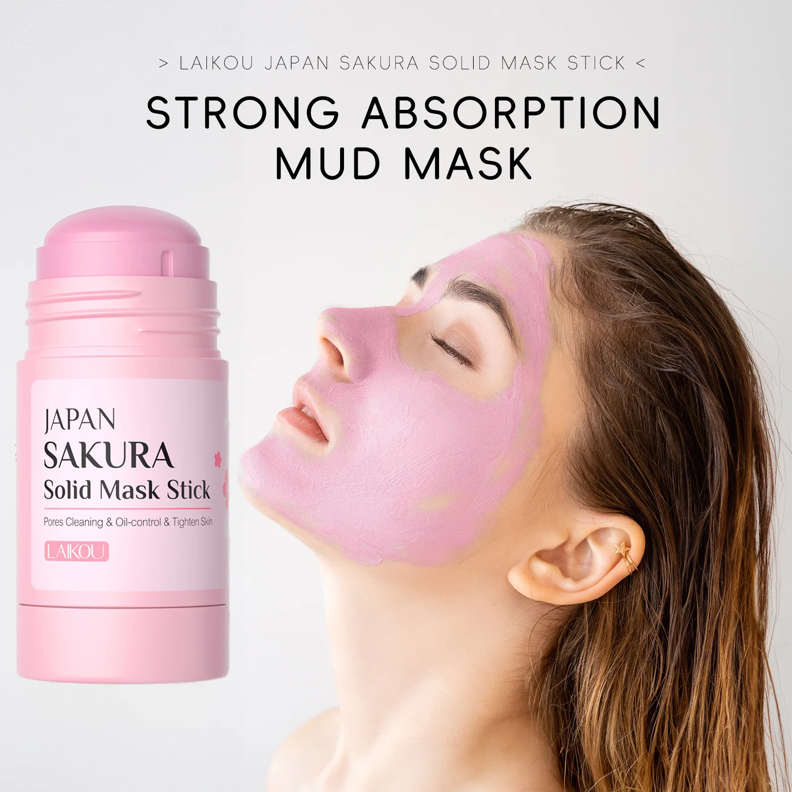 Llkou sakura máscara facial de lama sólida, reduz poros de cravo, controle de óleo, hidratante, limpador profundo, máscara facial 45g