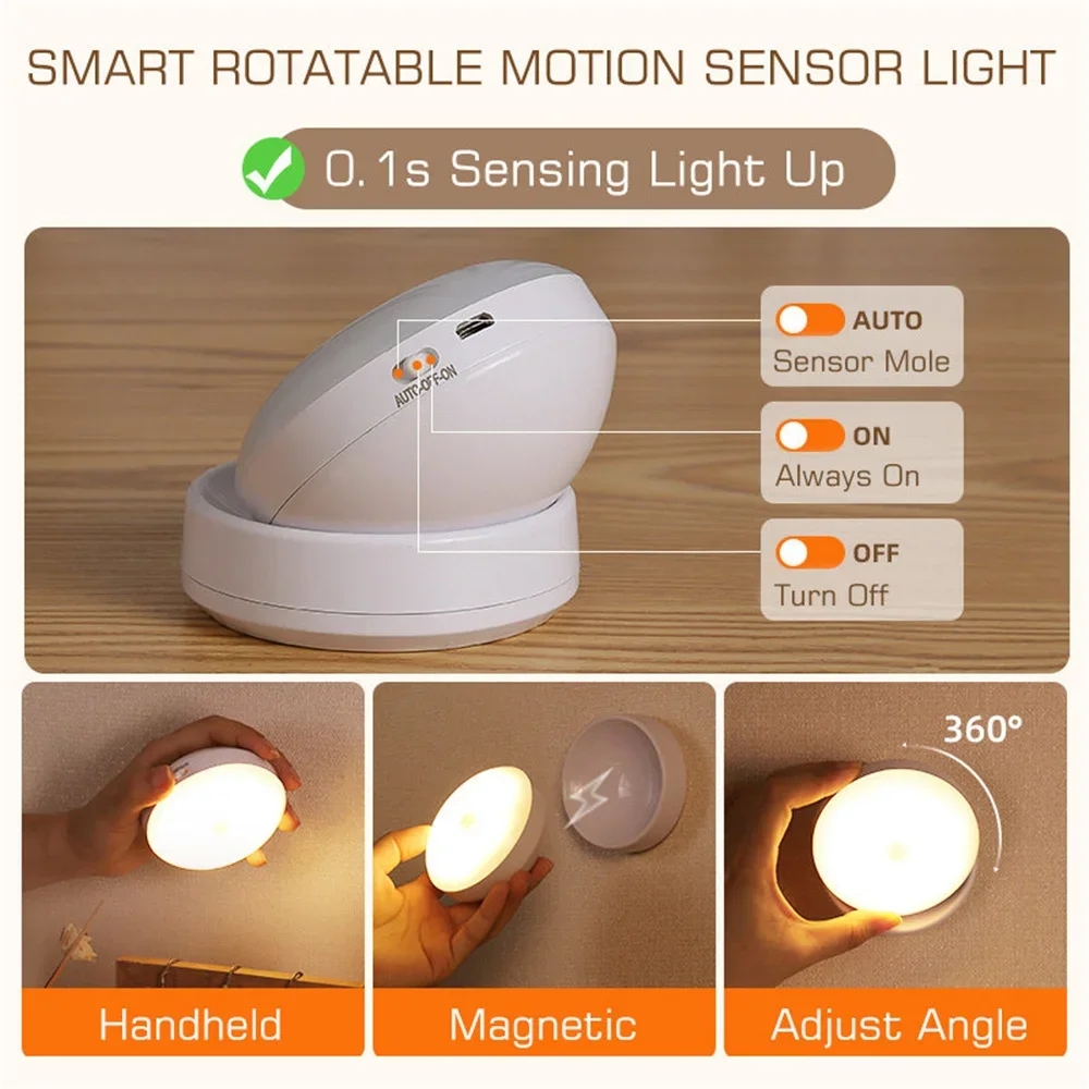 Luce notturna Sensore di movimento USB Ricarica Lampada a LED rotonda a risparmio energetico Luce per camera da letto Corridoio Lampada da parete per bagno di casa Luce notturna