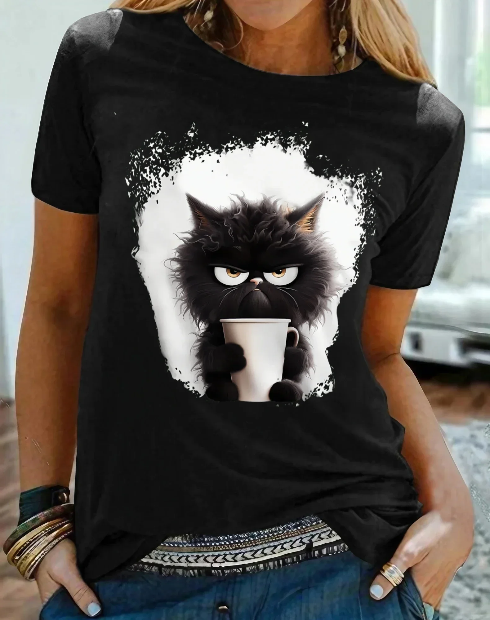 Camiseta para mujer Camiseta Cat Daily Weekend Estampado negro Manga corta Moda Divertido Cuello redondo Ajuste regular Verano