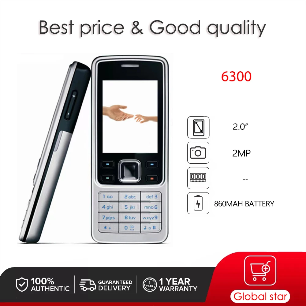 Original Unlocked 6300 2MP Bluetooth Loudspeaker Cell Phone Russian Arabic Hebrew Keyboard Made in Finland