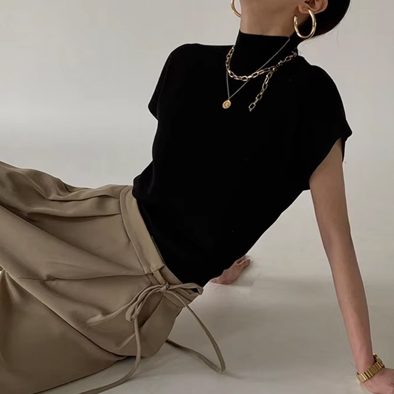 Mode Opstaande Kraag Slanke Vrouwen Gebreide Vest Losse Effen Elegante Rechte Tops Korte Mouw Kantoor Dame T-shirt Los Shirt