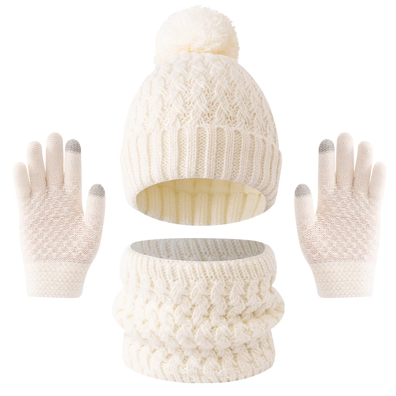 Set di cappelli, sciarpe e guanti per bambini, ragazzi e ragazze in tinta unita, pile e ispessiti 3pc3-12Y