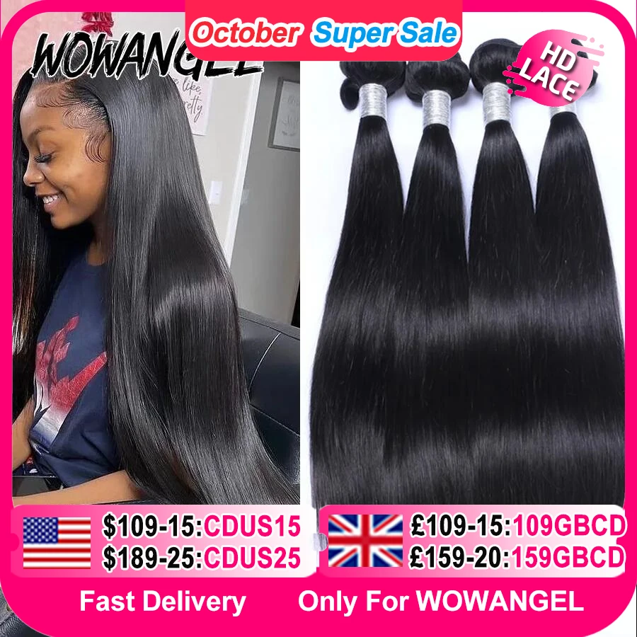 Wow anjo 28 30 polegada osso em linha reta feixes de cabelo humano 1/3/4 peças 10a peruano remy extensões de cabelo tecer pacotes cabelo virgem