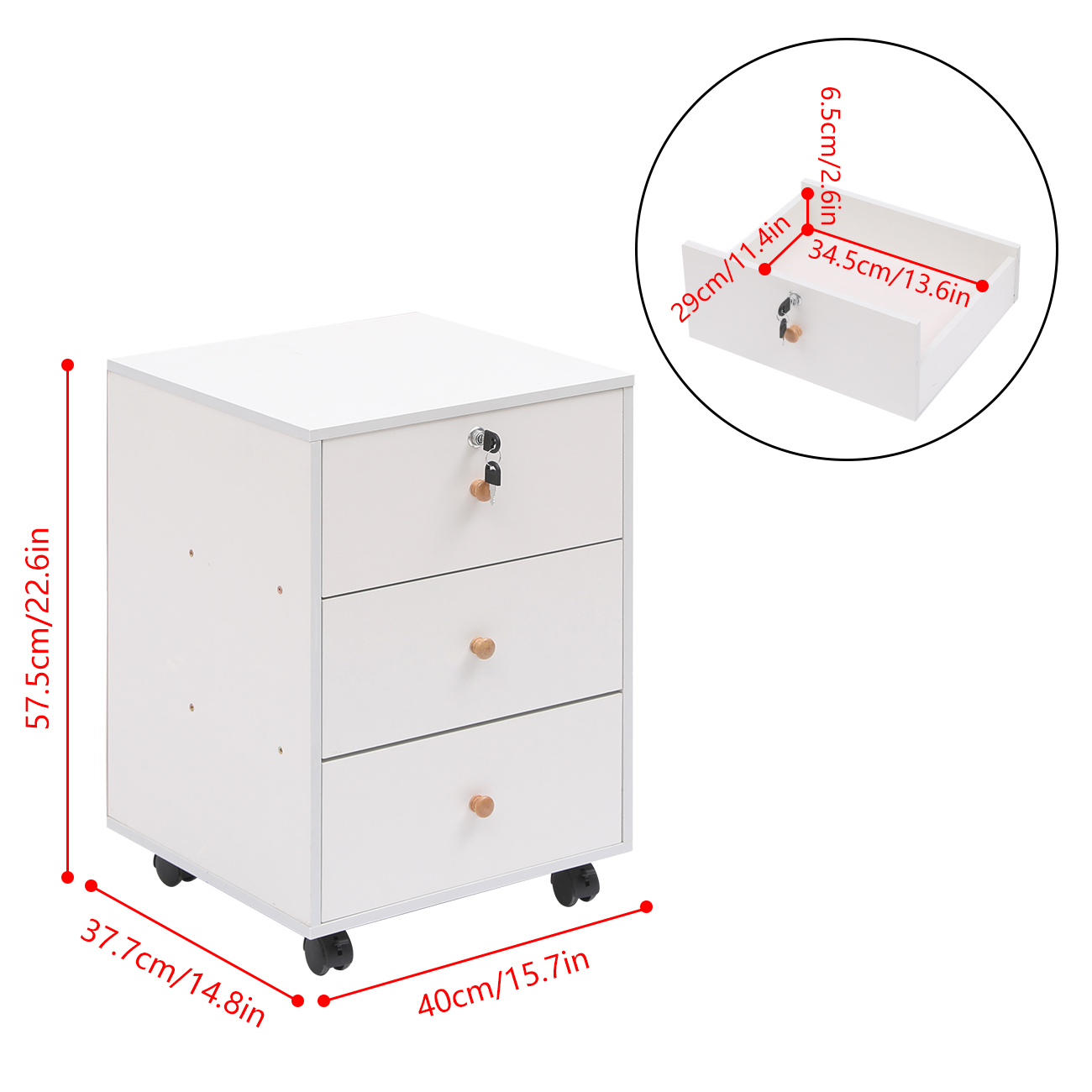 BonChoice 3 Drawers Mobile File Cabinets Pedestal Office Filing Cabinet Lockable with Rolling Casters, Wood Under Desk Storage