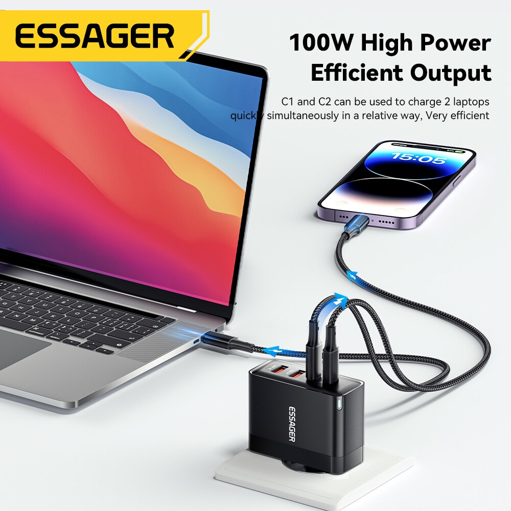 Essager 100w gan usb typ c carica batterie pd qc schnell ladung 4,0 3,0 typ c ricarica rapida per iphone 14 13 12 xiaomi macbook