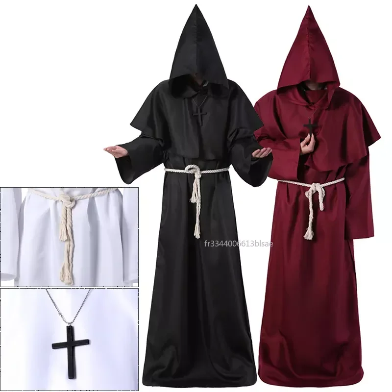 Novo traje de feiticeiro halloween cosplay traje medieval com capuz robe monge frade robe sacerdote traje roupas antigas terno cristão