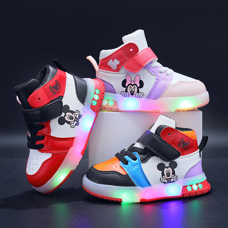 Disney meninas causla sapatos de couro do plutônio mickey mouse led luminescente tênis infantil 1-6 anos de idade meninos esportes sapatos casuais