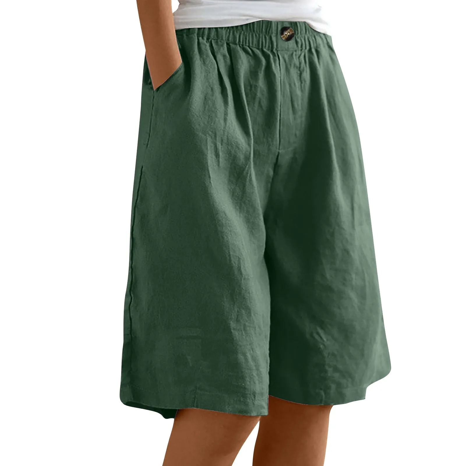 Calções elásticos de cintura alta, monocromáticos, de botões soltos, algodão, linho, cinco comprimentos, calças macias de conforto, moda feminina, verão