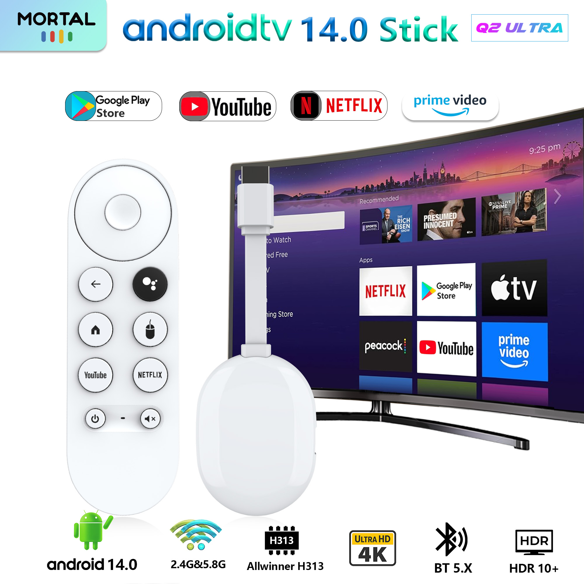 Mortal Android14 Q2 Ultra TV Stick 4K Display Adapter Allwinner H313 WIFI 6 Dongle Android iOS BT5.X Voice Remote Control TV Box