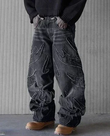 男性と女性のためのバギーデニムパンツ,ハイウエストジーンズ,原宿刺embroidered,ヒップホップ,ストレートレッグ,ワイドレッグ,ストリートウェア,y2k