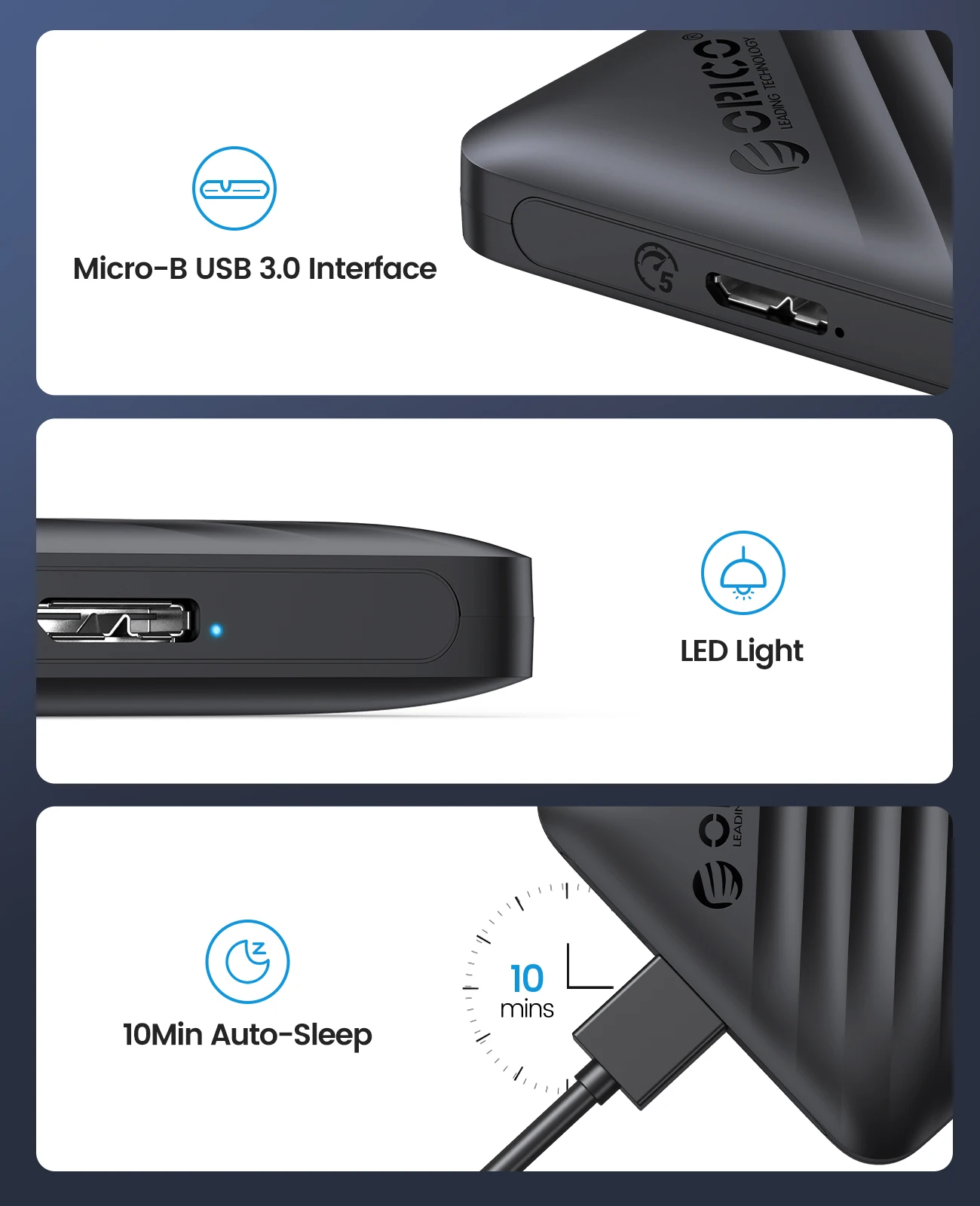 ORICO USB3.0 5Gbps caja de disco duro 2,5 pulgadas SATA a Micro B HDD SSD funda compatible con suspensión automática para PC portátil Notebook HDD
