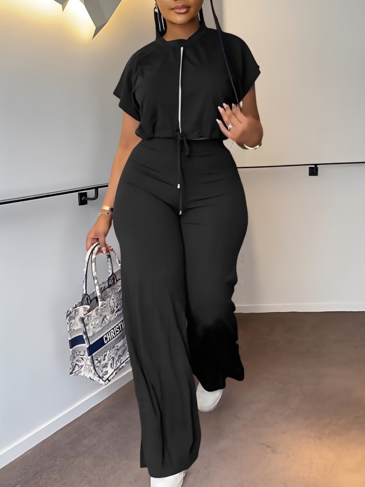 Conjunto informal de dos piezas para mujer, Top de manga corta con cordón y cuello redondo y pantalones de cintura alta, conjunto de traje liso de dos piezas para verano
