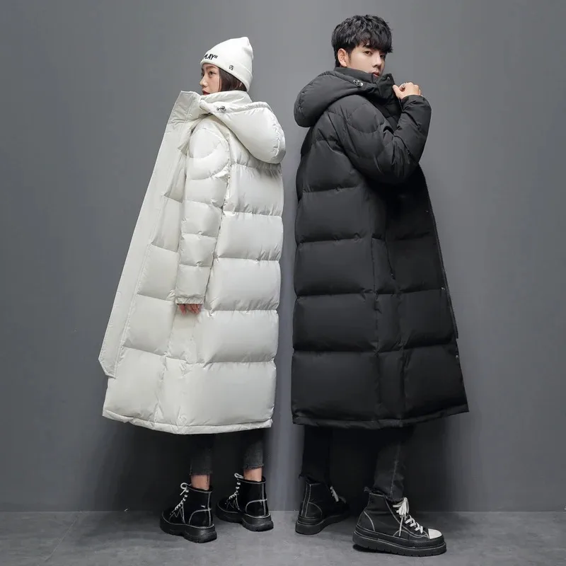 ฤดูหนาวสีขาวลงเสื้อแจ็คเก็ตผู้ชายผู้หญิง Hooded หนา Over-the-Knee PUFFER JACKET Man เสื้อกันหนาวคู่ลงเสื้อ