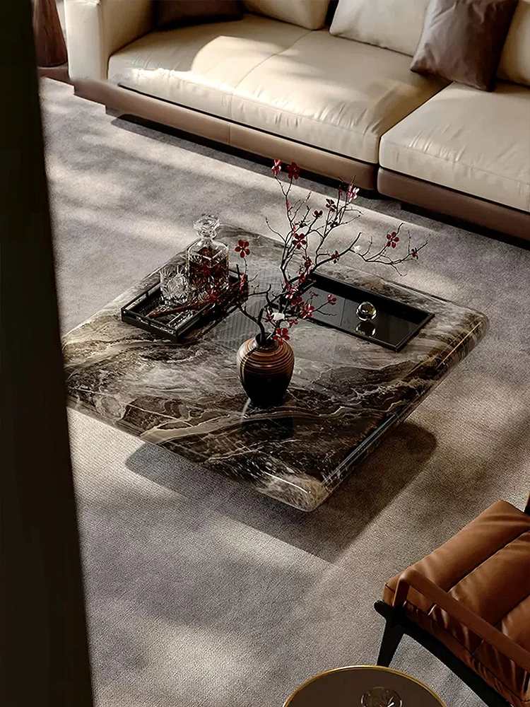 Mesa de centro quadrada de mármore italiano, design minimalista moderno, tamanho compacto para sala de estar pequena, móveis e decoração de centro de casa