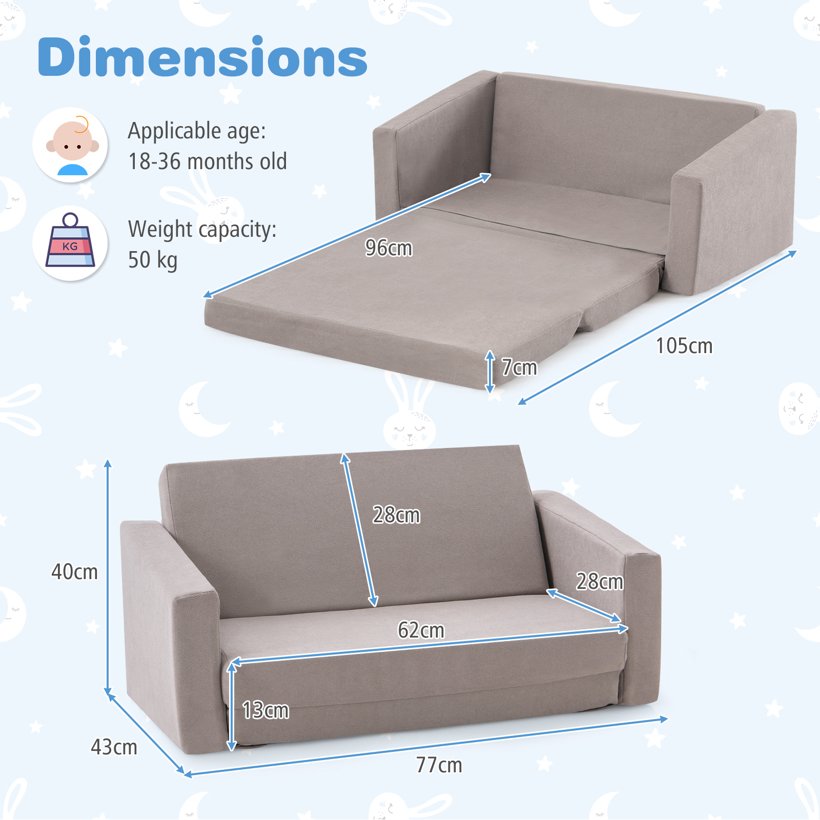 GOFLAME 2-in-1 Toddler Fold out Couch, Convertible Sofa to Lounger with Soft & Machine Washable Sofa Cover