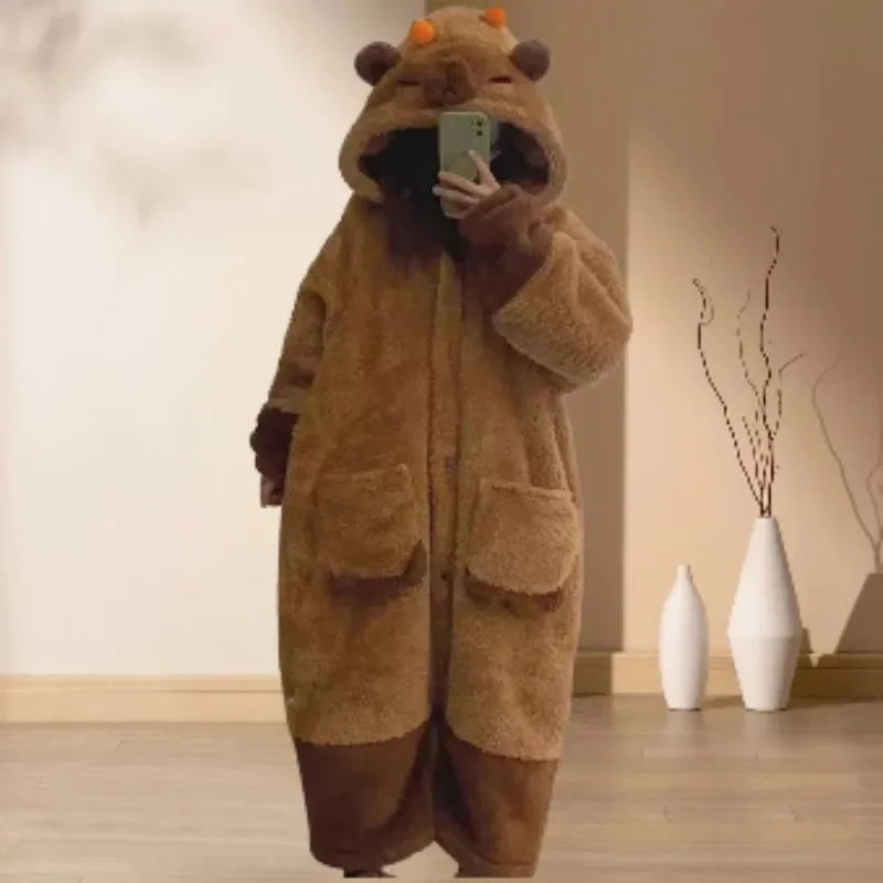 Bademantel für Damen, mit Dusch gepolstert, warm, Übergröße, Cartoon-Bär-Pyjama, Kaffeefarben, Morgenmantel, einteiliger Pyjama aus Korallensamt