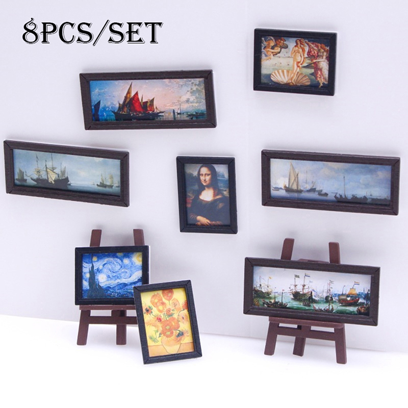8 ピース/セット 1:12 ドールハウスミニチュアヴィンテージ油絵壁画写真壁絵シーンの装飾ドールハウスアクセサリー