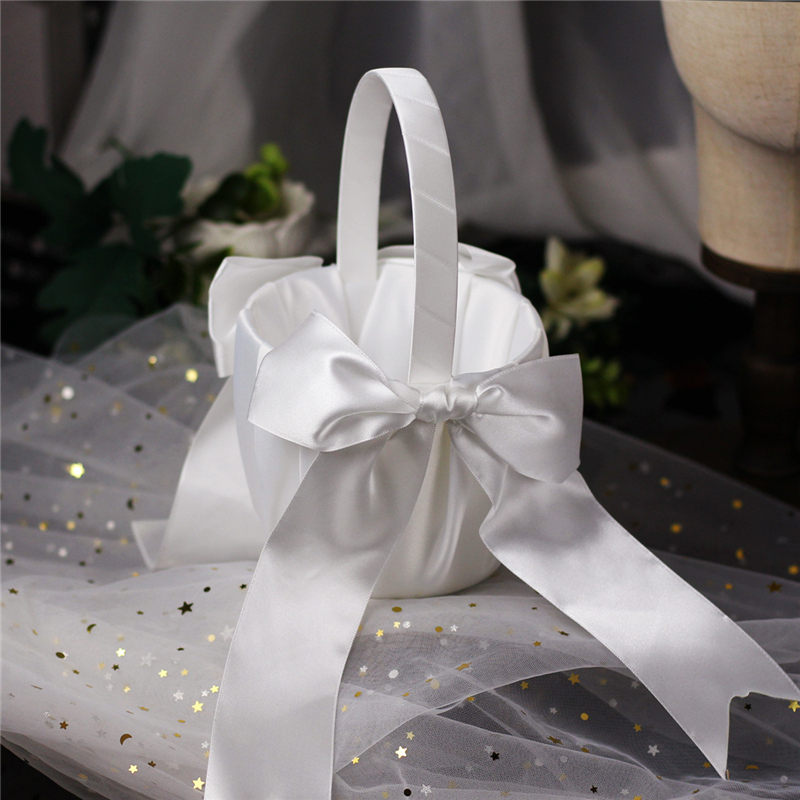 White Flower Girls Basket Silk Wedding Basket for Flower Bride/Kids Hand Held Wedding Ceremony Party Decorations