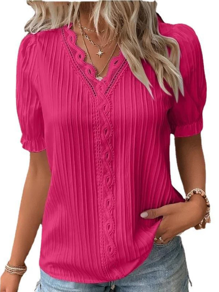 2024 sommer Neue frauen Bluse Top Solide Sexy V-ausschnitt Hohl Kurzarm Mode Splice Plus Größe Lose Straße Bekleidung hemd