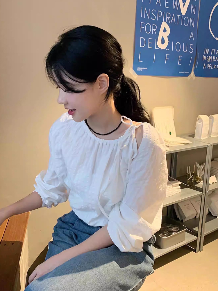 Chic round Neck Long Sleeve Loose Women's Shirt Drawstring Hollow out Design Versatile Fall Fashion Business Casual Sle