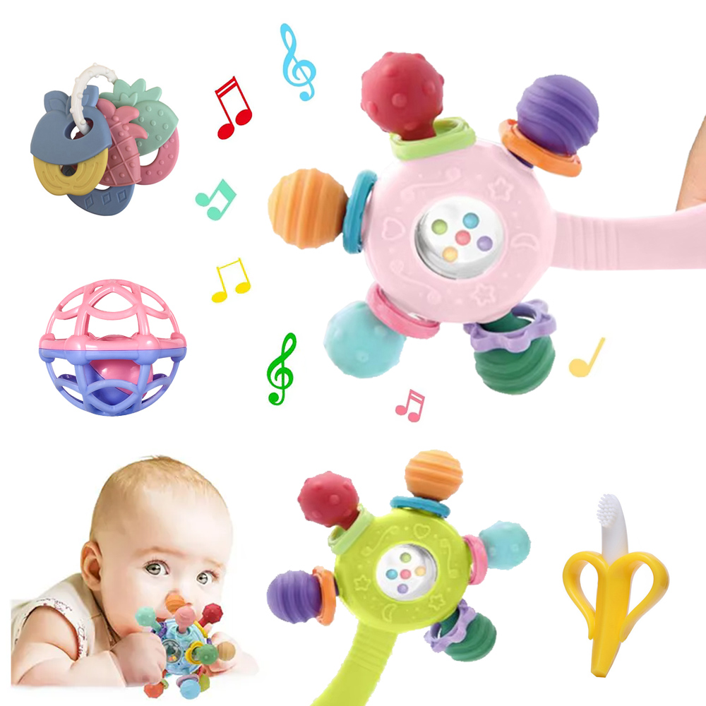 Детские игрушки 0-6 месяцев, погремушка-прорезыватель, развивающие игры, сенсорные игрушки, мягкий силиконовый прорезыватель, жевательный для новорожденных, 12 месяцев