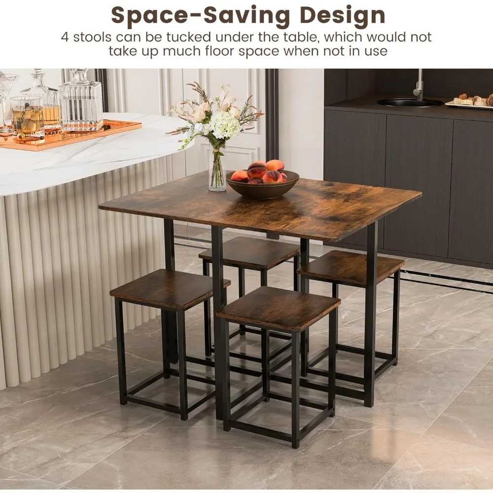 Compact Dining Table Set for 4, Small Kitchen Table Set with Square Stools and Metal Frame, Perfect for Small Spaces