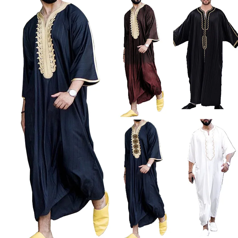 Verão médio oriente masculino árabe robe solto com decote em v manga curta impresso roupas muçulmanas masculinas roupas islâmicas