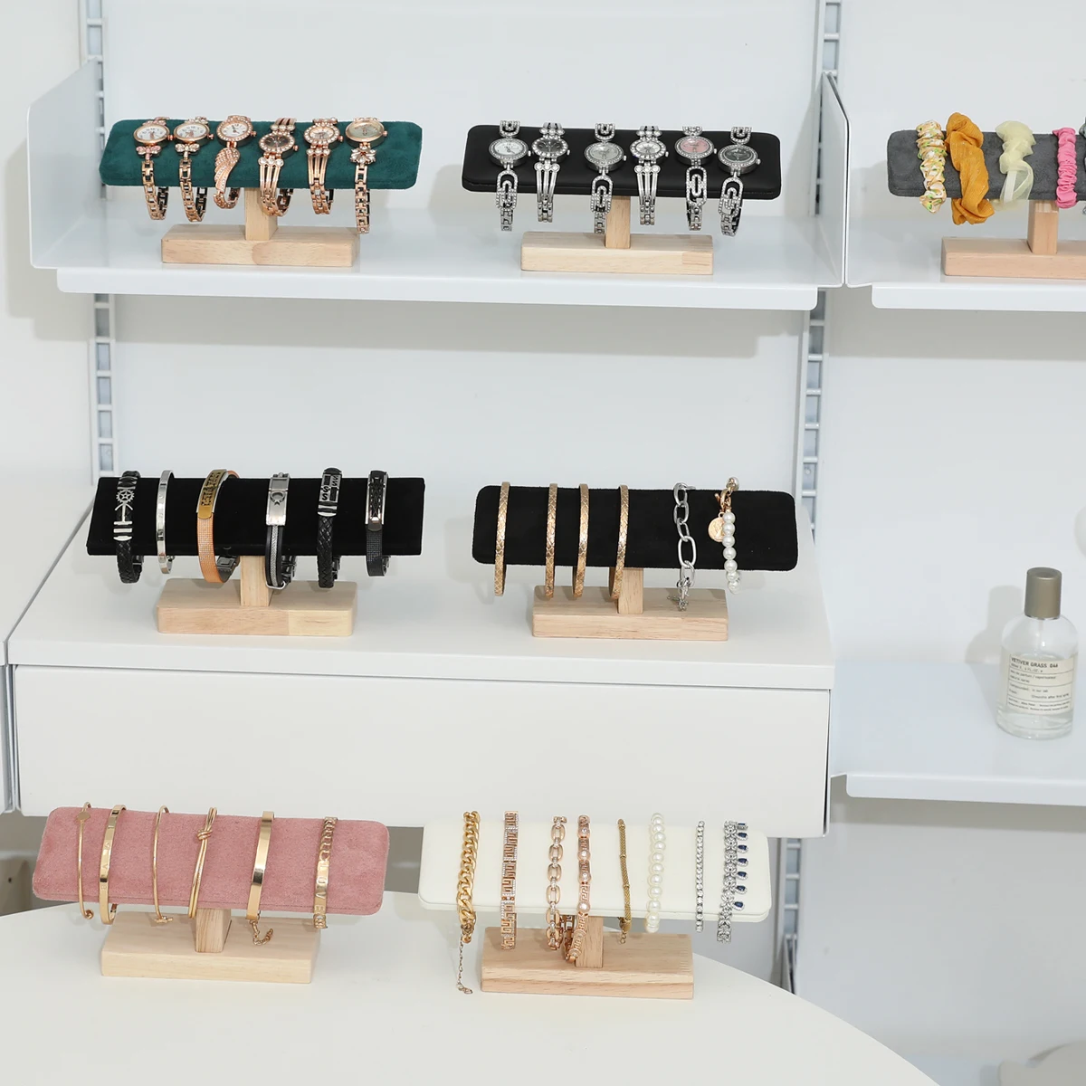 1pc Holz Basis T-Förmigen PU Leder/Samt Armband Display Rack Armreif Uhr Haarband Schmuck Lagerung Ständer halter Organizer
