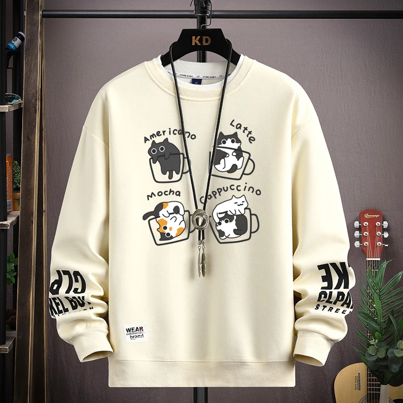 Sudadera de primavera para hombre, camiseta de manga larga con estampado de gatos de dibujos animados japoneses, ropa de moda para hombre, Top Harajuku de color caqui con cuello redondo, novedad de 2024