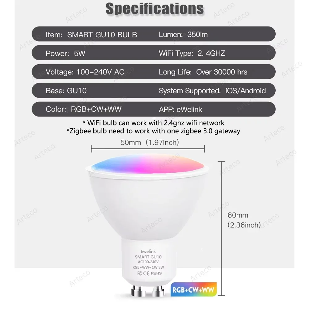 GU10 Zigbee/Wifi Lampadina a Led RGB CW WW Faretti Lampadine a Led Lampada a Led Intelligente Funziona con Alexa Echo Hub Google Yandex Smartthings