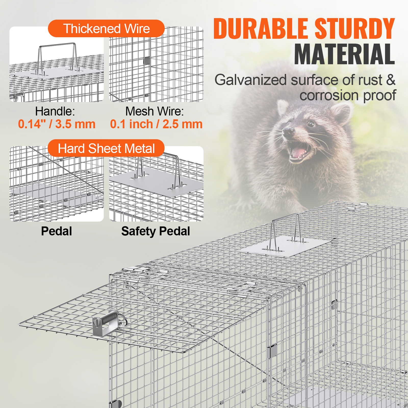 VEVOR-Live Animal Cage Trap, Folding Humane Cat Trap, Ferro galvanizado com alça para coelhos esquilos e marmota, 24 polegadas, 31 polegadas, 42 polegadas, 50in
