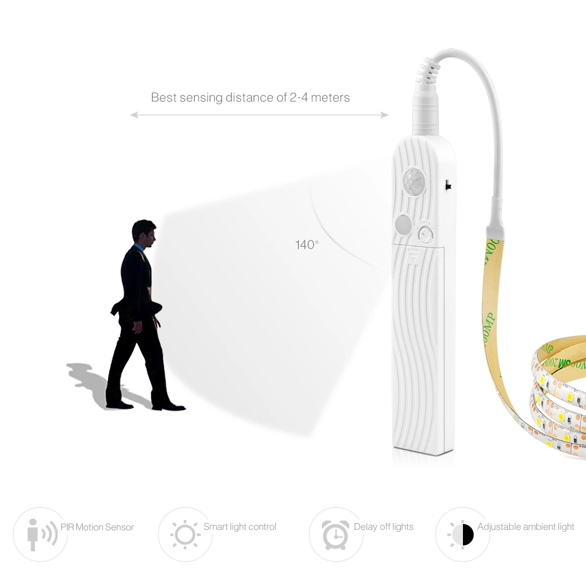 Nastro luminoso per armadio da cucina impermeabile Sensore di movimento a LED Striscia LED 5V Lampada LED PIR wireless Batteria Lampada per armadio per scale