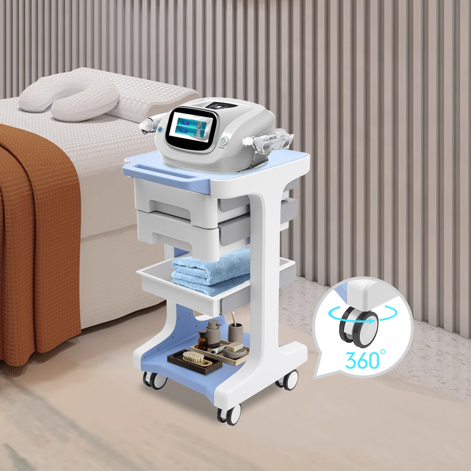 3 Layers ABS Trolley with 2 Drawers Mobile Medical Beauty Salon Storage Cart Shelf Load Capacity 50KG