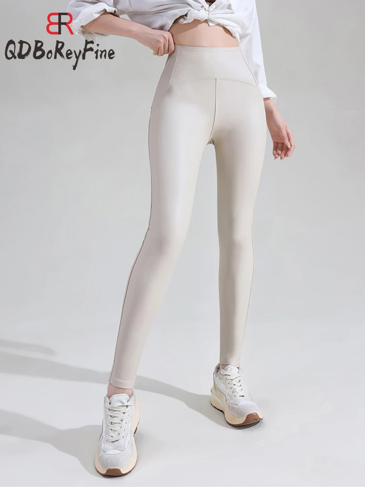 Mallas adelgazantes sexis de cuero Pu para mujer, medias negras de cintura alta para invierno y otoño, mallas elásticas suaves y finas de lana para pantalones de mujer