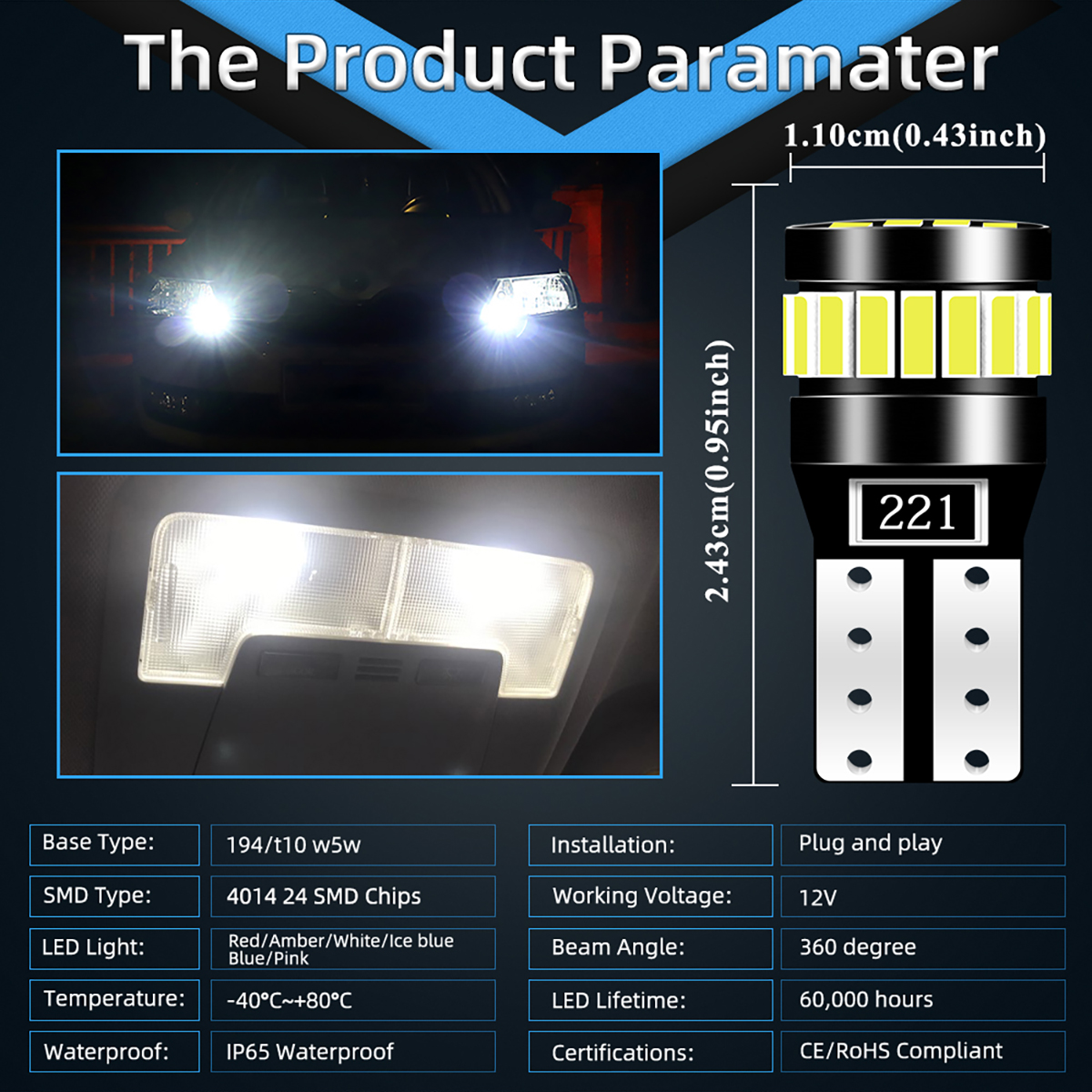 2 lâmpadas led w5w t10 24smd canbus para interior do carro, lâmpada de posição de estacionamento, mapa, cúpula, luzes de leitura