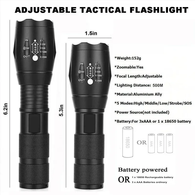 Linternas LED T6 de alta potencia, antorcha para acampar, 5 modos de luz, luz con Zoom, aleaciones de aluminio, Material impermeable, batería externa 18650