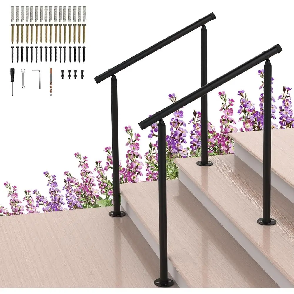 2 Pack Outdoor Stair Handrails 2 or 3 Step Stairs Adjustable Wrought Iron Metal Hand Rail Kit Waterproof Durable Easy Install