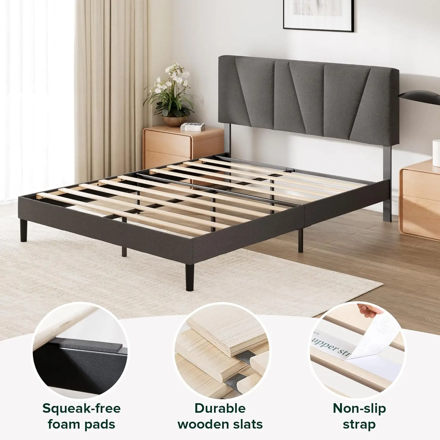 Maya Double Bed Frame  Bed 135 x 190 cm  30cm Height  Upholstered platform bed frame with Headboard  Wooden slat suppo