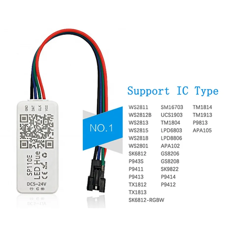 SP110E Controller RGB Bluetooth Smart APP 5V 12V 24V 1024 Pixel per WS2811 WS2812B APA102 SK6812 SPI Luce di striscia LED indirizzabile